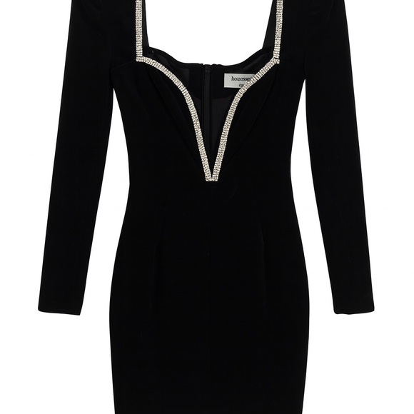 House of CB Black Velvet Long-Sleeve Mini Dress with Crystal Trim, Size S - Picture 1 of 5